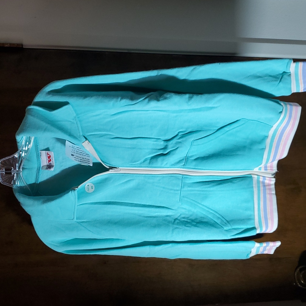 Women's Medium Aqua Fleece lined Zipper Jacket with Striped Hem and Pockets.